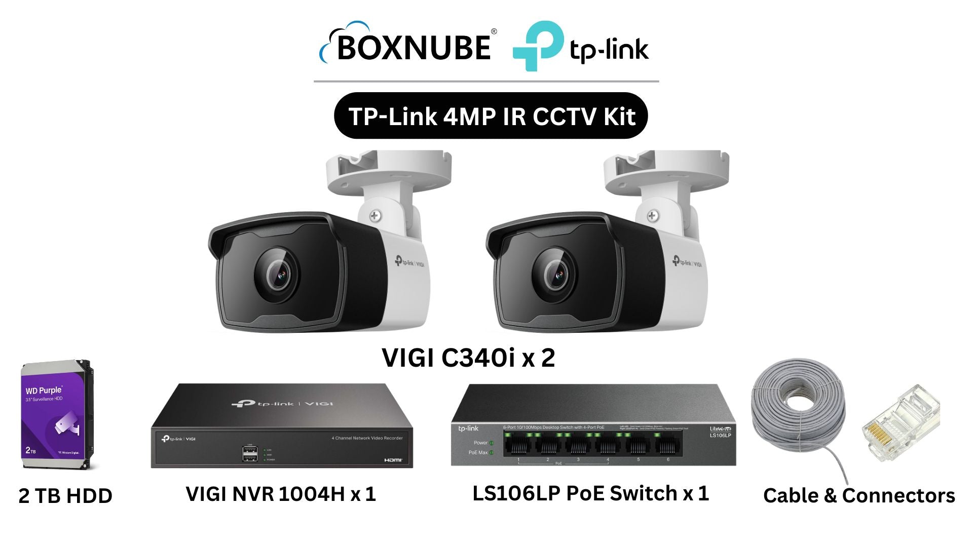 TP-Link VIGI 4MP IR Full HD 2 Camera Kit Bundle | 2 x VIGI C340i, 1 x 4 Channel NVR, 1 x 4+2 Port PoE Switch with 100M CAT6 Cable, RJ45 Connectors TP-Link VIGI 4MP IR Full HD 2 Camera Kit Bundle | 2 x VIGI C340i, 1 x 4 Channel NVR, 1 x 4+2 Port PoE Switch with 100M CAT6 Cable, RJ45 Connectors